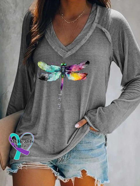 Women’s Let It Be Dragonfly Print Casual V Neck Long Sleeve Tops Grey / S