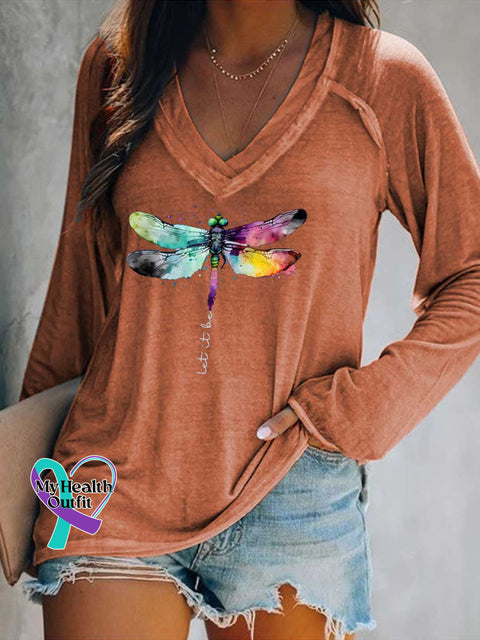 Women’s Let It Be Dragonfly Print Casual V Neck Long Sleeve Tops Orange / S