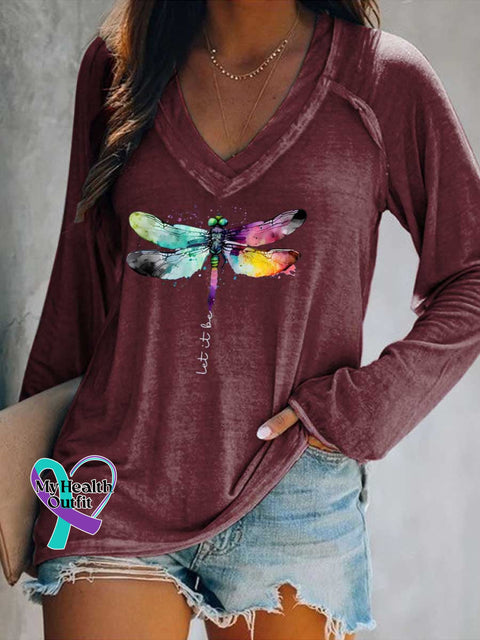 Women’s Let It Be Dragonfly Print Casual V Neck Long Sleeve Tops Red / S