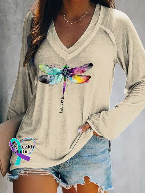 Women’s Let It Be Dragonfly Print Casual V Neck Long Sleeve Tops Sand / S