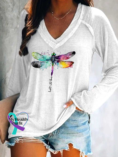 Women’s Let It Be Dragonfly Print Casual V Neck Long Sleeve Tops White / S