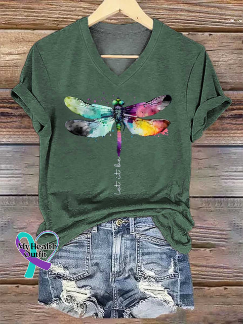 Women’s Let It Be Dragonfly V-neck Casual T-Shirt Green / S