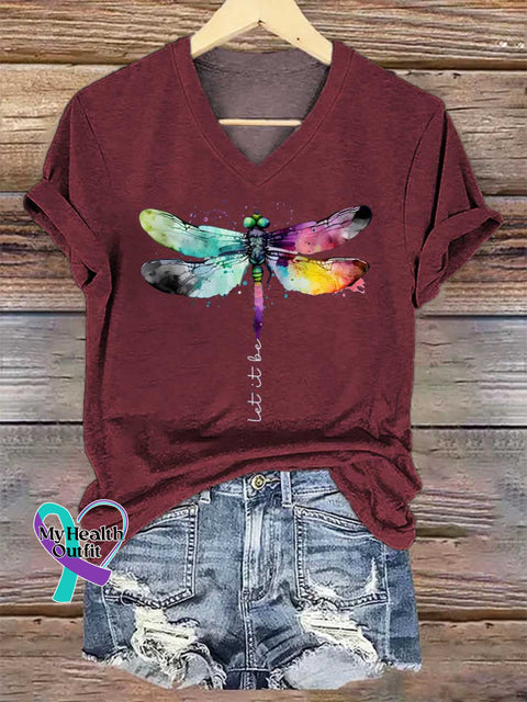 Women’s Let It Be Dragonfly V-neck Casual T-Shirt Red / S
