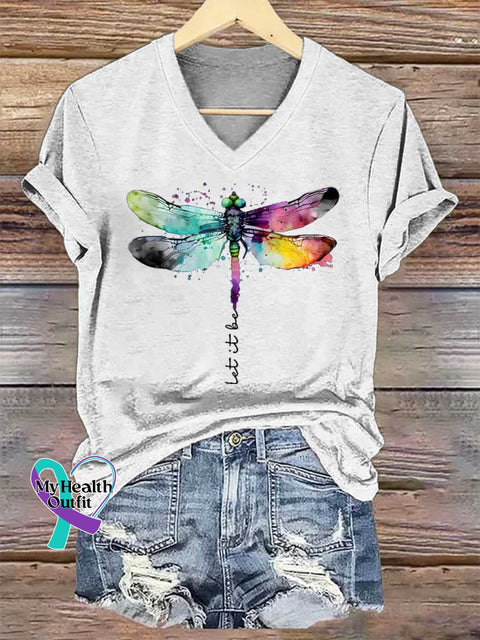 Women’s Let It Be Dragonfly V-neck Casual T-Shirt White / S