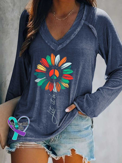 Women’s LET IT BE Print V Neck Long Sleeve Tops Blue / S