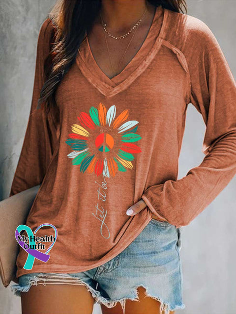 Women’s LET IT BE Print V Neck Long Sleeve Tops Orange / S