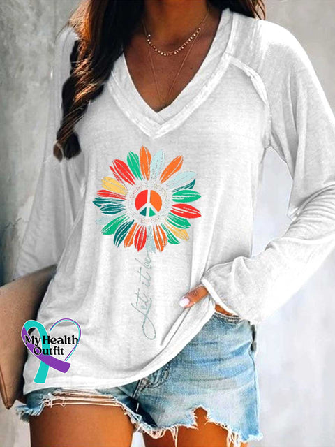 Women’s LET IT BE Print V Neck Long Sleeve Tops White / S