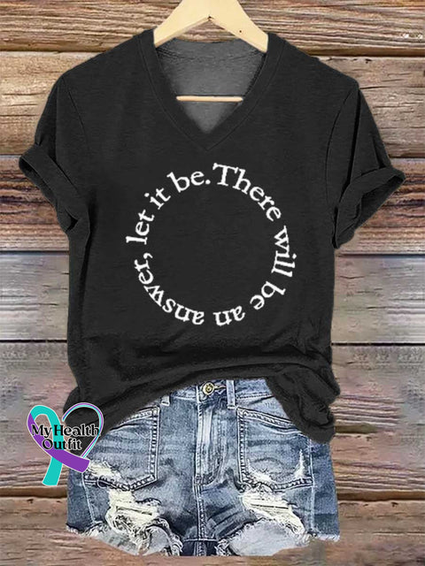 Women’s Let It Be There Will Be An Answer Print V-neck Casual T-Shirt Black / S