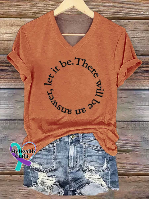 Women’s Let It Be There Will Be An Answer Print V-neck Casual T-Shirt Orange / S