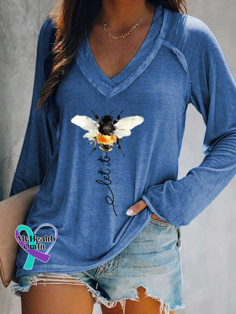 Women’s Let It Bee Art Print Casual V-Neck Long Sleeve Top Blue / S