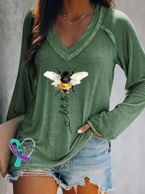 Women’s Let It Bee Art Print Casual V-Neck Long Sleeve Top DarkGreen / S