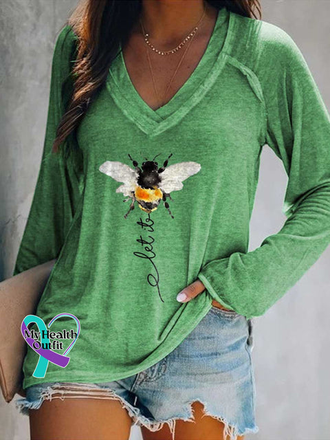 Women’s Let It Bee Art Print Casual V-Neck Long Sleeve Top Green / S
