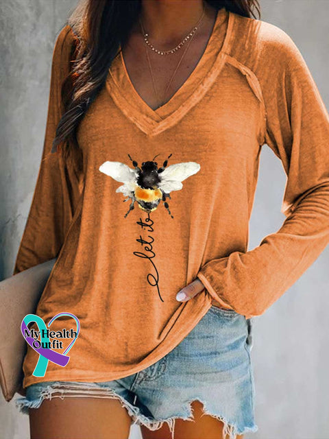 Women’s Let It Bee Art Print Casual V-Neck Long Sleeve Top Orange / S