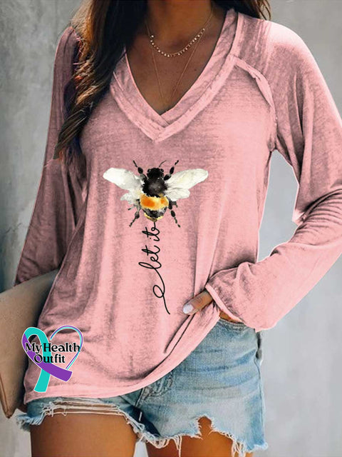 Women’s Let It Bee Art Print Casual V-Neck Long Sleeve Top Pink / S