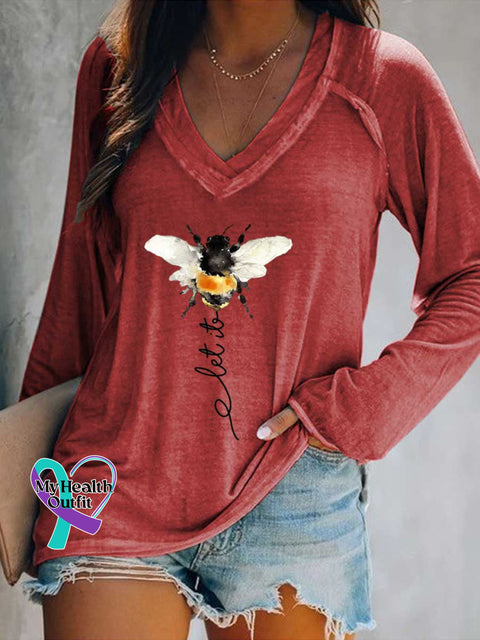 Women’s Let It Bee Art Print Casual V-Neck Long Sleeve Top Red / S