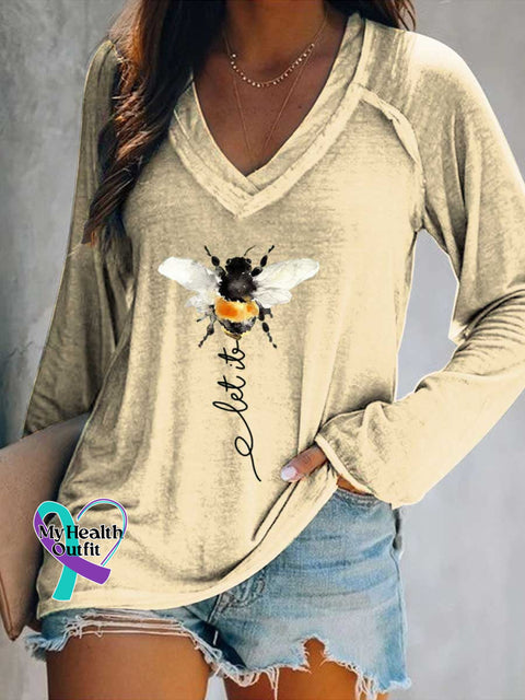 Women’s Let It Bee Art Print Casual V-Neck Long Sleeve Top Sand / S