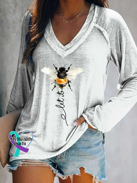 Women’s Let It Bee Art Print Casual V-Neck Long Sleeve Top White / S