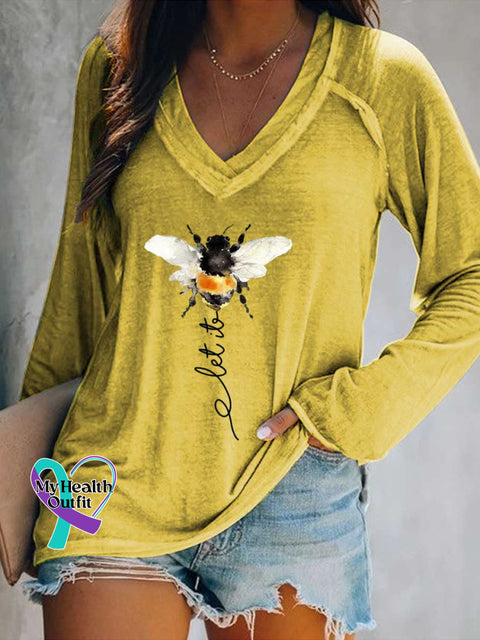Women’s Let It Bee Art Print Casual V-Neck Long Sleeve Top Yellow / S