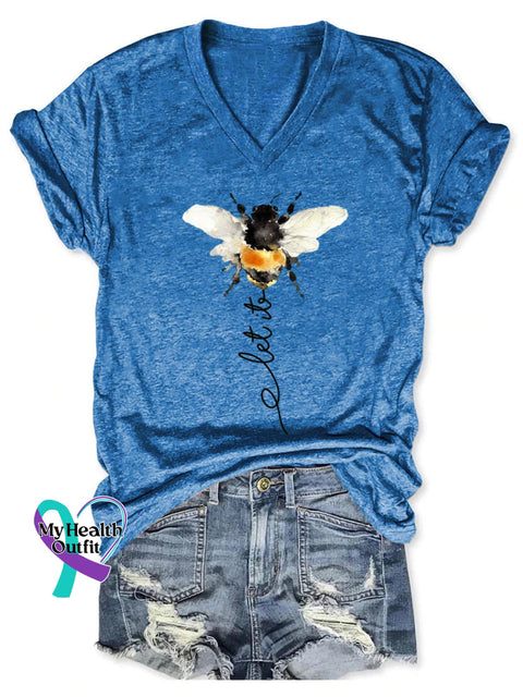 Women’s Let It Bee Art Print V-neck Casual T-Shirt Blue / S
