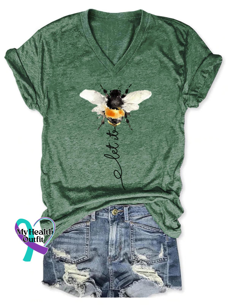Women’s Let It Bee Art Print V-neck Casual T-Shirt DarkGreen / S