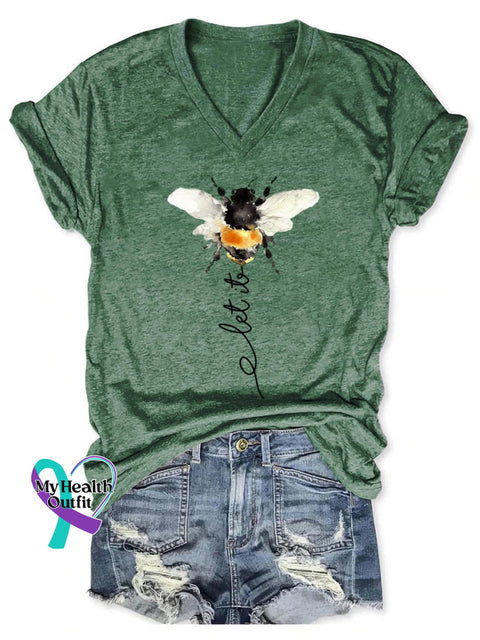 Women’s Let It Bee Art Print V-neck Casual T-Shirt DarkGreen / S