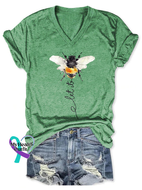 Women’s Let It Bee Art Print V-neck Casual T-Shirt Green / S