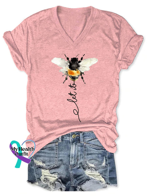 Women’s Let It Bee Art Print V-neck Casual T-Shirt Pink / S