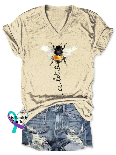 Women’s Let It Bee Art Print V-neck Casual T-Shirt Sand / S