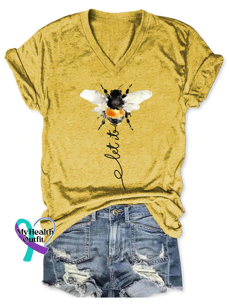 Women’s Let It Bee Art Print V-neck Casual T-Shirt Yellow / S