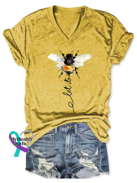 Women’s Let It Bee Art Print V-neck Casual T-Shirt Yellow / S