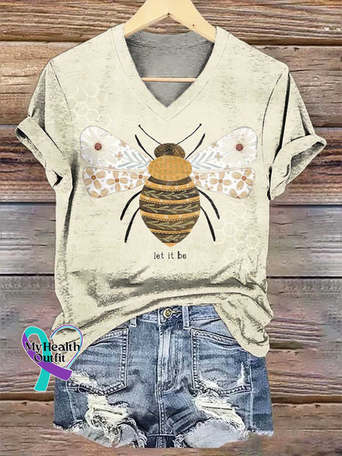 Women’s Let It Bee Art V-neck Casual T-Shirt Multicolor / S