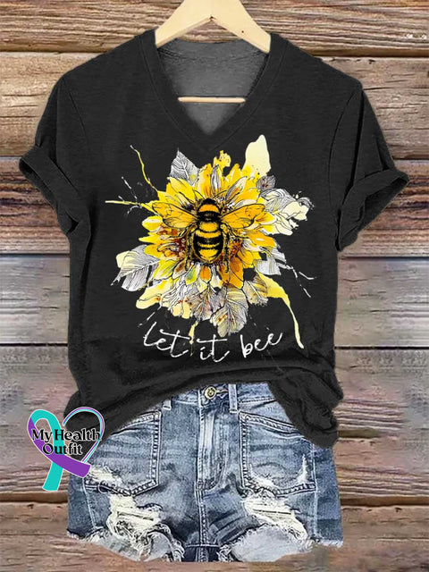 Women’s Let It Bee Floral Art V-neck Casual T-Shirt Black / S