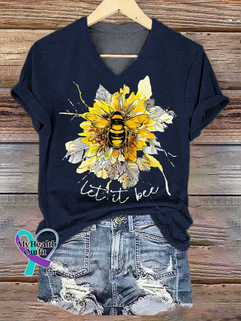 Women’s Let It Bee Floral Art V-neck Casual T-Shirt Blue / S