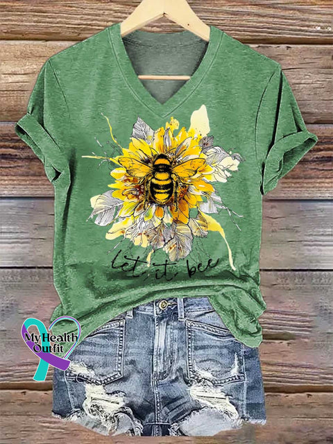 Women’s Let It Bee Floral Art V-neck Casual T-Shirt Green / S