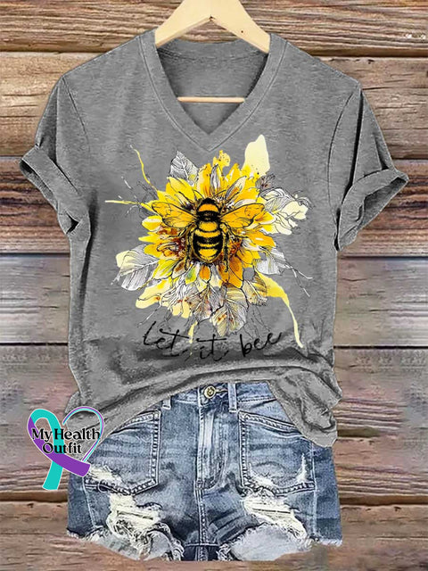 Women’s Let It Bee Floral Art V-neck Casual T-Shirt Grey / S