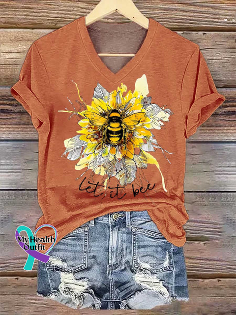 Women’s Let It Bee Floral Art V-neck Casual T-Shirt Orange / S