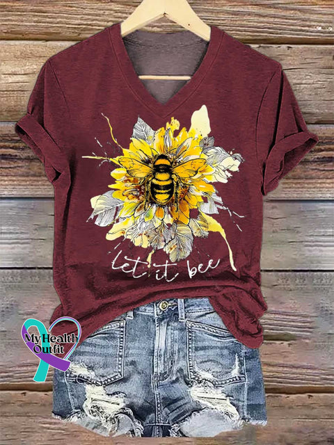 Women’s Let It Bee Floral Art V-neck Casual T-Shirt Red / S