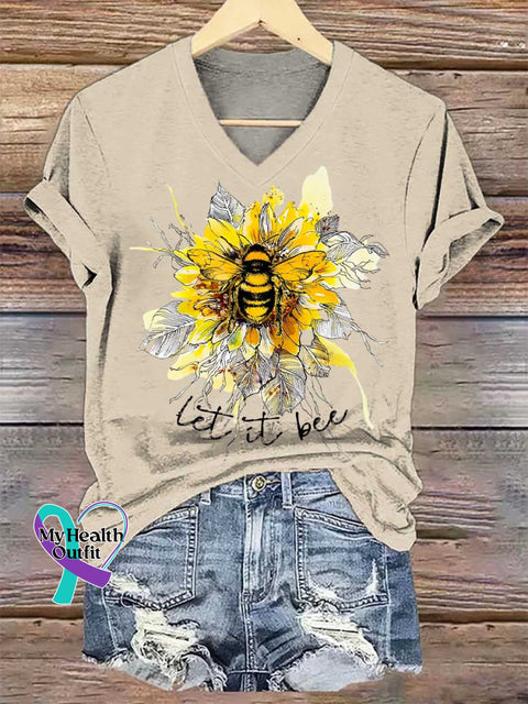 Women’s Let It Bee Floral Art V-neck Casual T-Shirt Sand / S