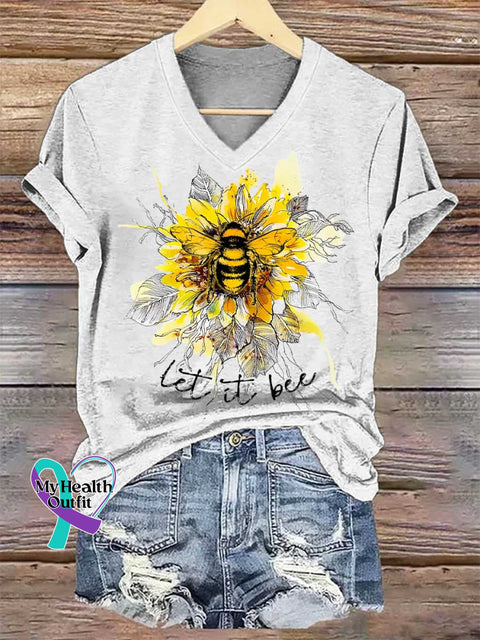 Women’s Let It Bee Floral Art V-neck Casual T-Shirt White / S