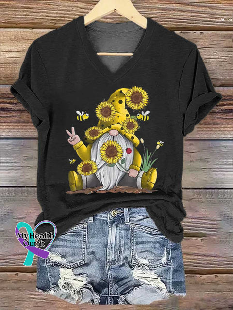 Women’s Let It Bee Goblin Sunflower Art V-neck Casual T-Shirt Black / S