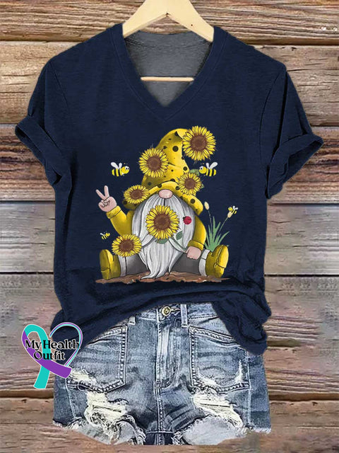 Women’s Let It Bee Goblin Sunflower Art V-neck Casual T-Shirt Blue / S