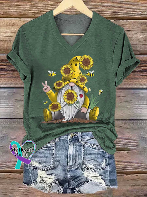 Women’s Let It Bee Goblin Sunflower Art V-neck Casual T-Shirt Green / S