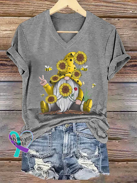 Women’s Let It Bee Goblin Sunflower Art V-neck Casual T-Shirt Grey / S