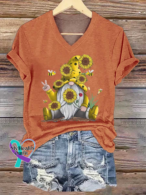 Women’s Let It Bee Goblin Sunflower Art V-neck Casual T-Shirt Orange / S