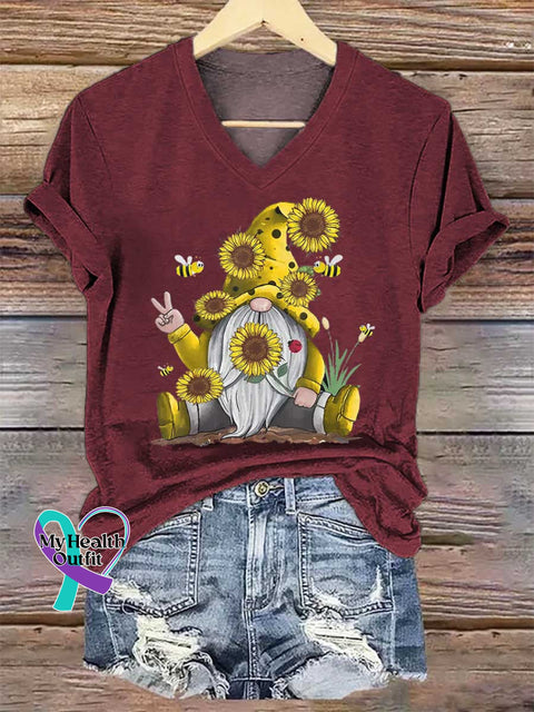 Women’s Let It Bee Goblin Sunflower Art V-neck Casual T-Shirt Red / S