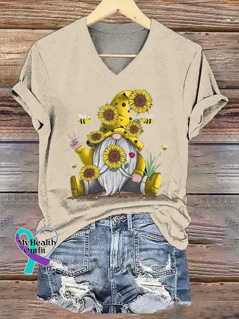 Women’s Let It Bee Goblin Sunflower Art V-neck Casual T-Shirt Sand / S