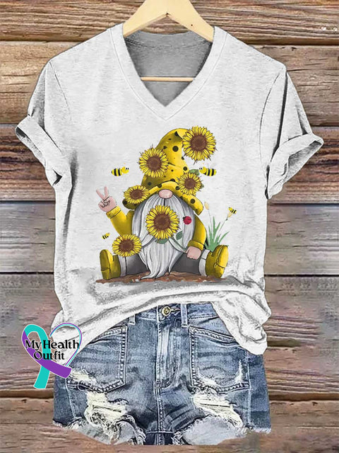 Women’s Let It Bee Goblin Sunflower Art V-neck Casual T-Shirt White / S