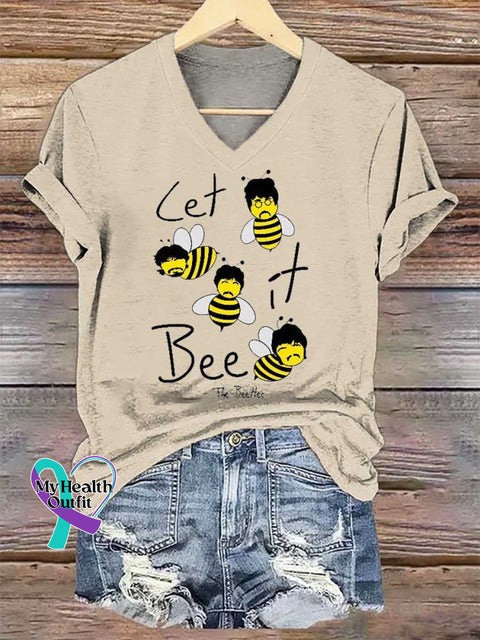 Women’s LET It Bee The Beetles V-neck Casual T-Shirt Sand / S