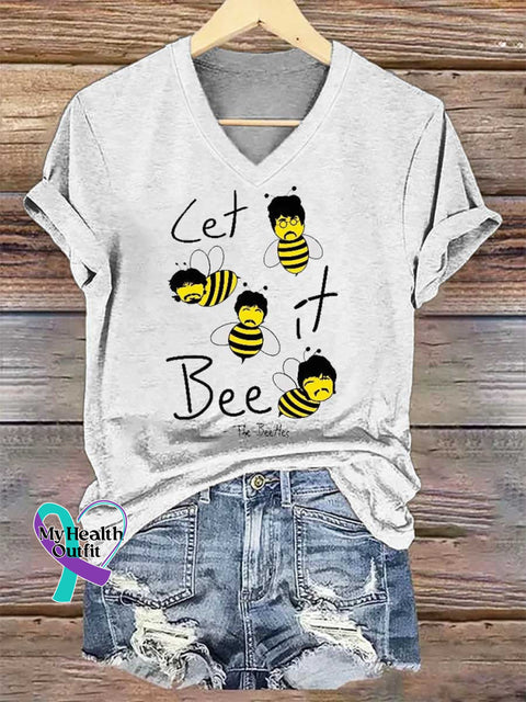 Women’s LET It Bee The Beetles V-neck Casual T-Shirt White / S