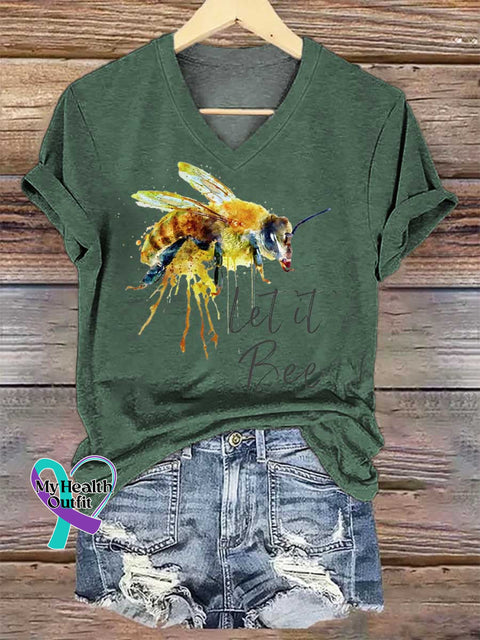 Women’s Let It Bee V-neck Casual T-Shirt Green / S